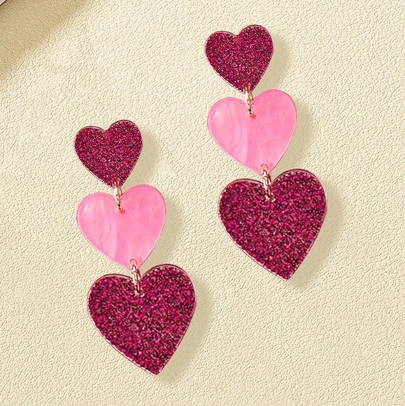 ⛱️Triple Heart Dangle Earrings Colored Sparkle Hearts Love - Picture 3 of 6